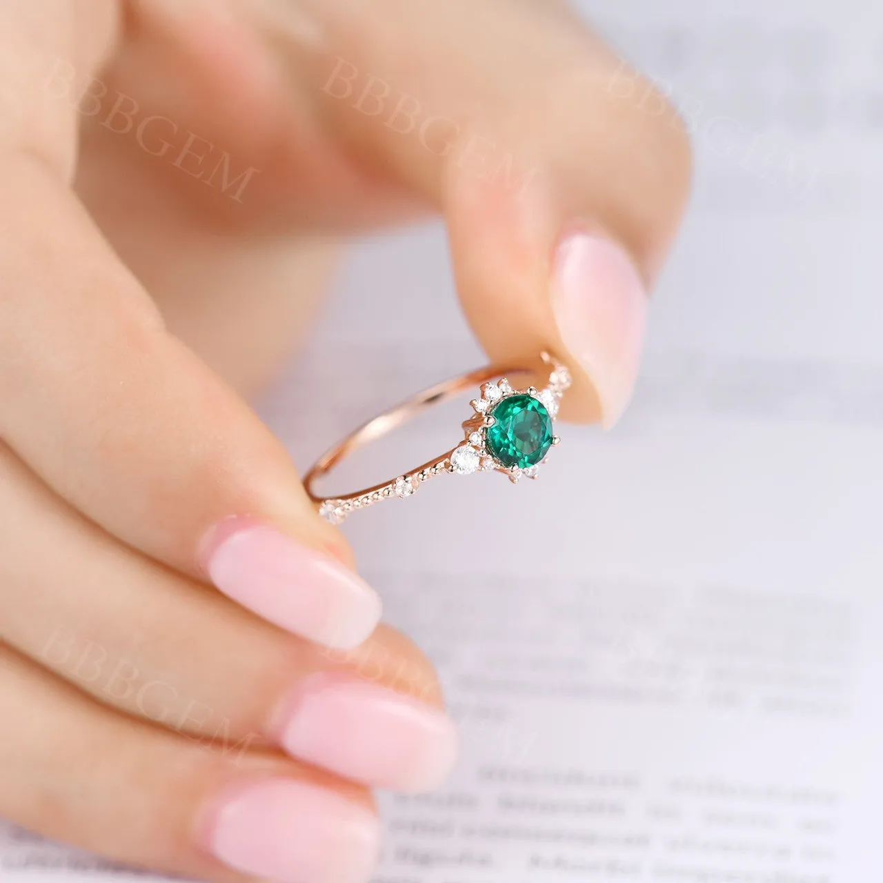 5mm Dainty Round Cut Emerald Engagement Ring Diamond Wedding Band Rose Gold