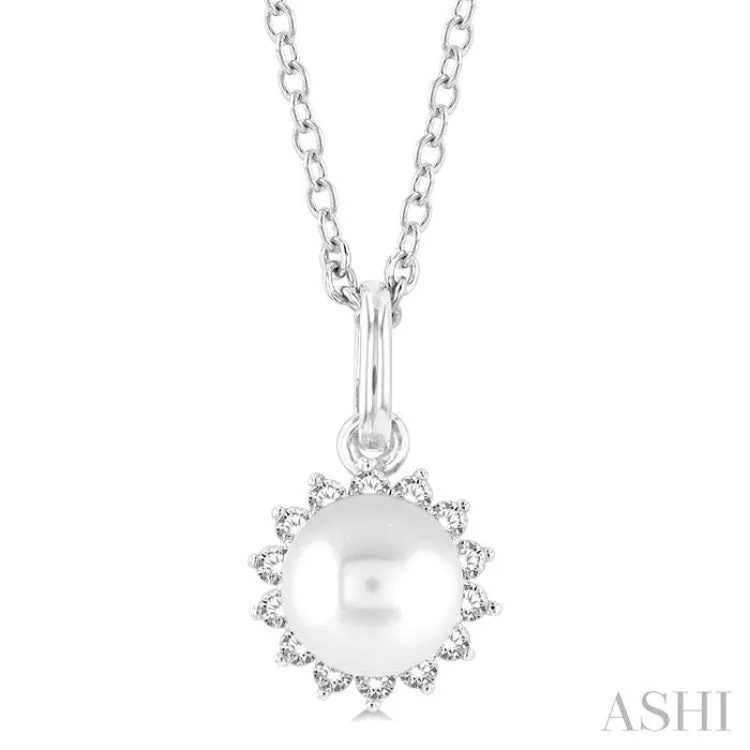 6 MM Round Shape Cultured Pearl and 1/10 ctw Petite Round Cut Diamond Fashion Pendant With Chain in 10K White Gold