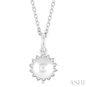 6 MM Round Shape Cultured Pearl and 1/10 ctw Petite Round Cut Diamond Fashion Pendant With Chain in 10K White Gold