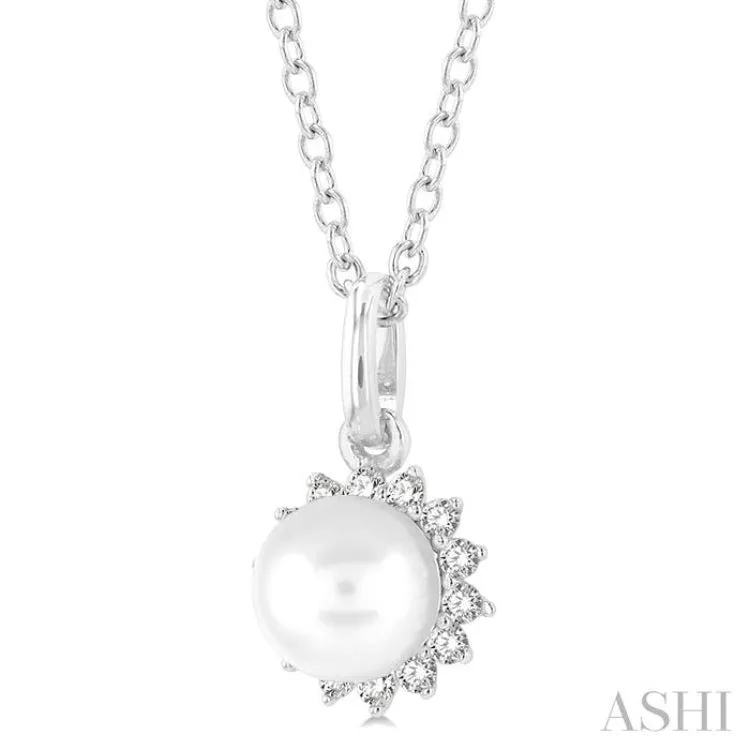 6 MM Round Shape Cultured Pearl and 1/10 ctw Petite Round Cut Diamond Fashion Pendant With Chain in 10K White Gold