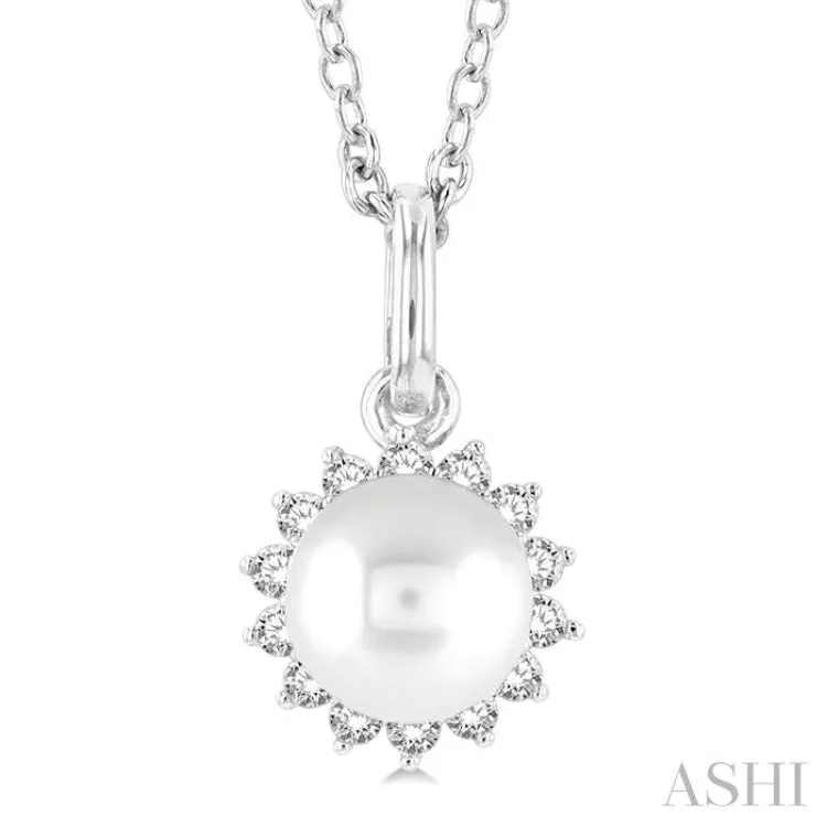 6 MM Round Shape Cultured Pearl and 1/10 ctw Petite Round Cut Diamond Fashion Pendant With Chain in 10K White Gold