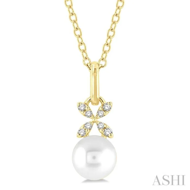 6 MM Round Shape Cultured Pearl and 1/50 ctw Petite Floral Round Cut Diamond Fashion Pendant With Chain in 10K Yellow Gold