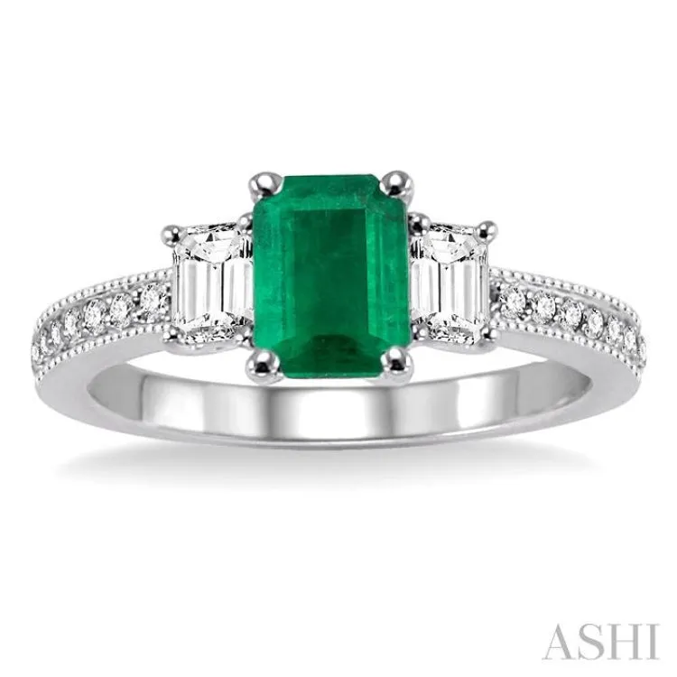 7x5 MM Octagon Cut Emerald and 1/2 Ctw Round Cut Diamond Ring in 14K White Gold