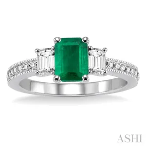 7x5 MM Octagon Cut Emerald and 1/2 Ctw Round Cut Diamond Ring in 14K White Gold