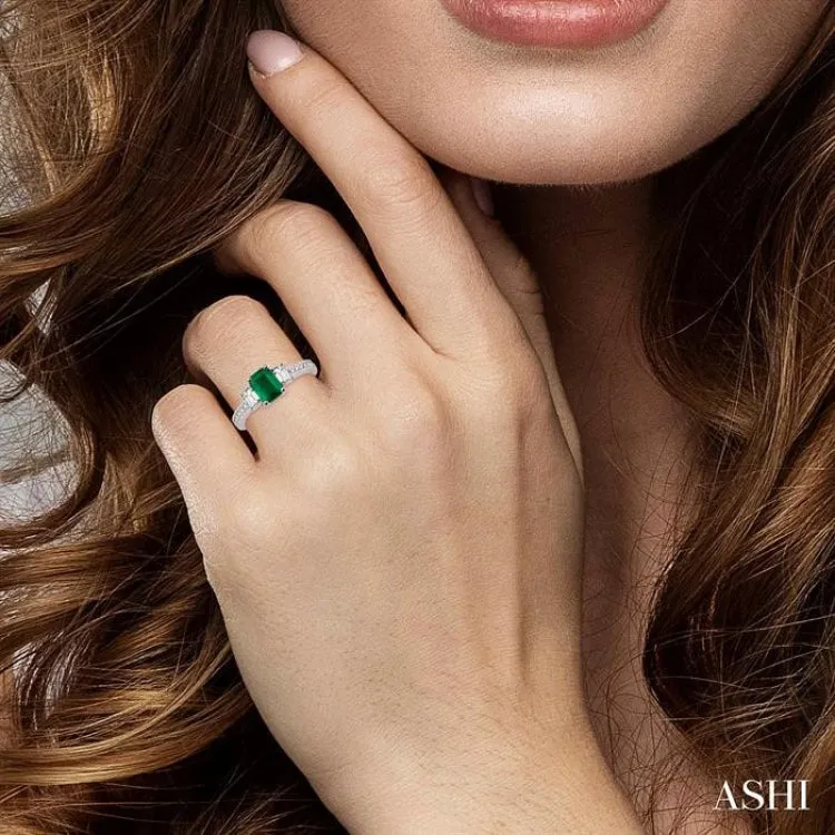 7x5 MM Octagon Cut Emerald and 1/2 Ctw Round Cut Diamond Ring in 14K White Gold