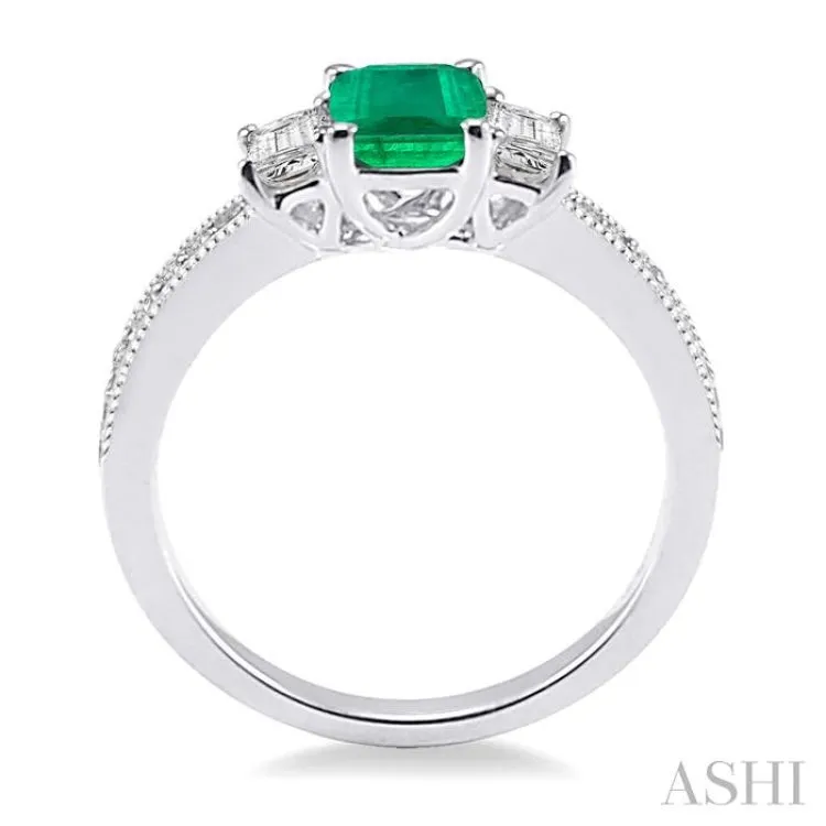 7x5 MM Octagon Cut Emerald and 1/2 Ctw Round Cut Diamond Ring in 14K White Gold