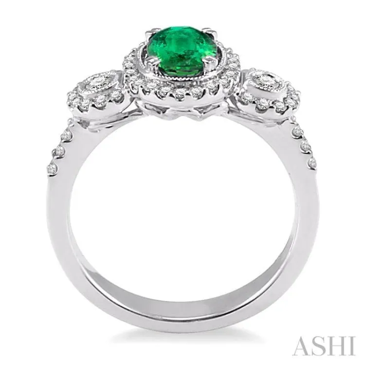 7x5MM Oval Cut Emerald and 1/2 Ctw Round Cut Diamond Ring in 14K White Gold