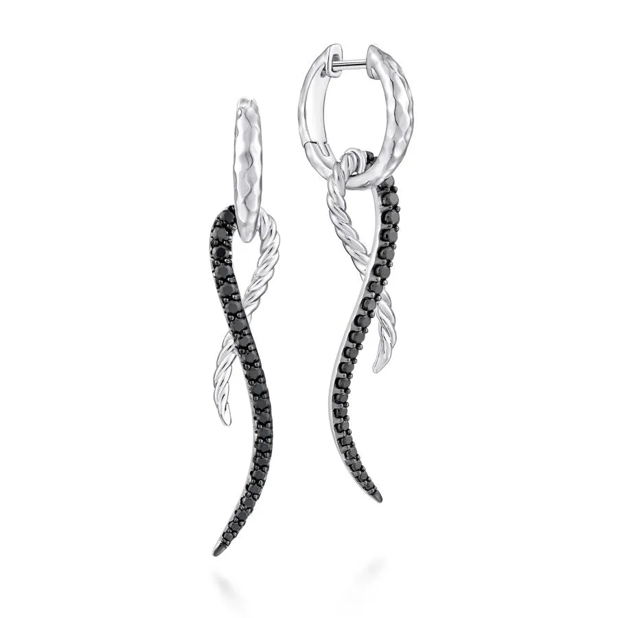 925 Sterling Silver Black Spinel Twisted Criss Cross Huggie Drop Earrings