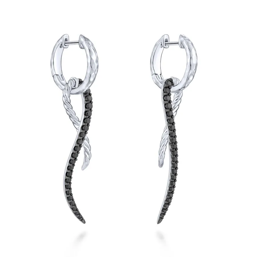 925 Sterling Silver Black Spinel Twisted Criss Cross Huggie Drop Earrings