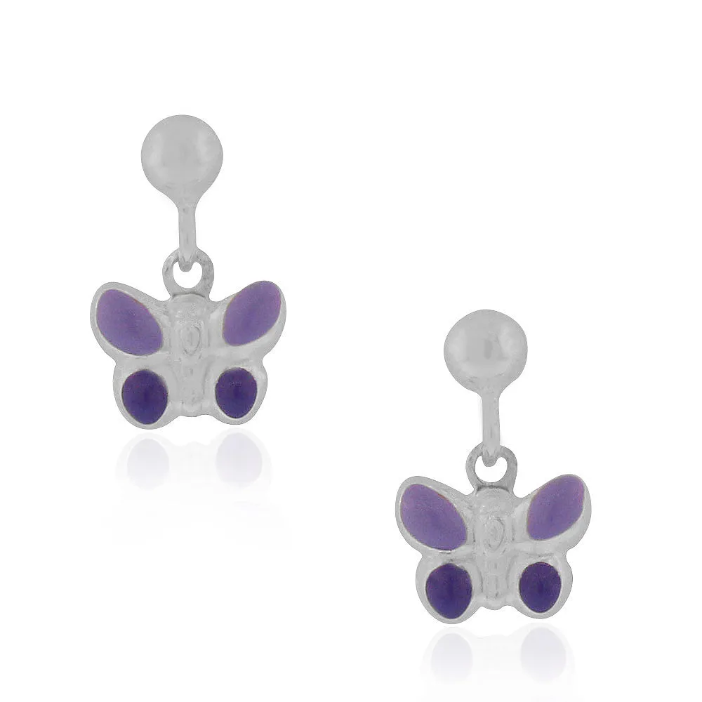 925 Sterling Silver Purple Enamel Butterfly Girls Dangle Drop Earrings
