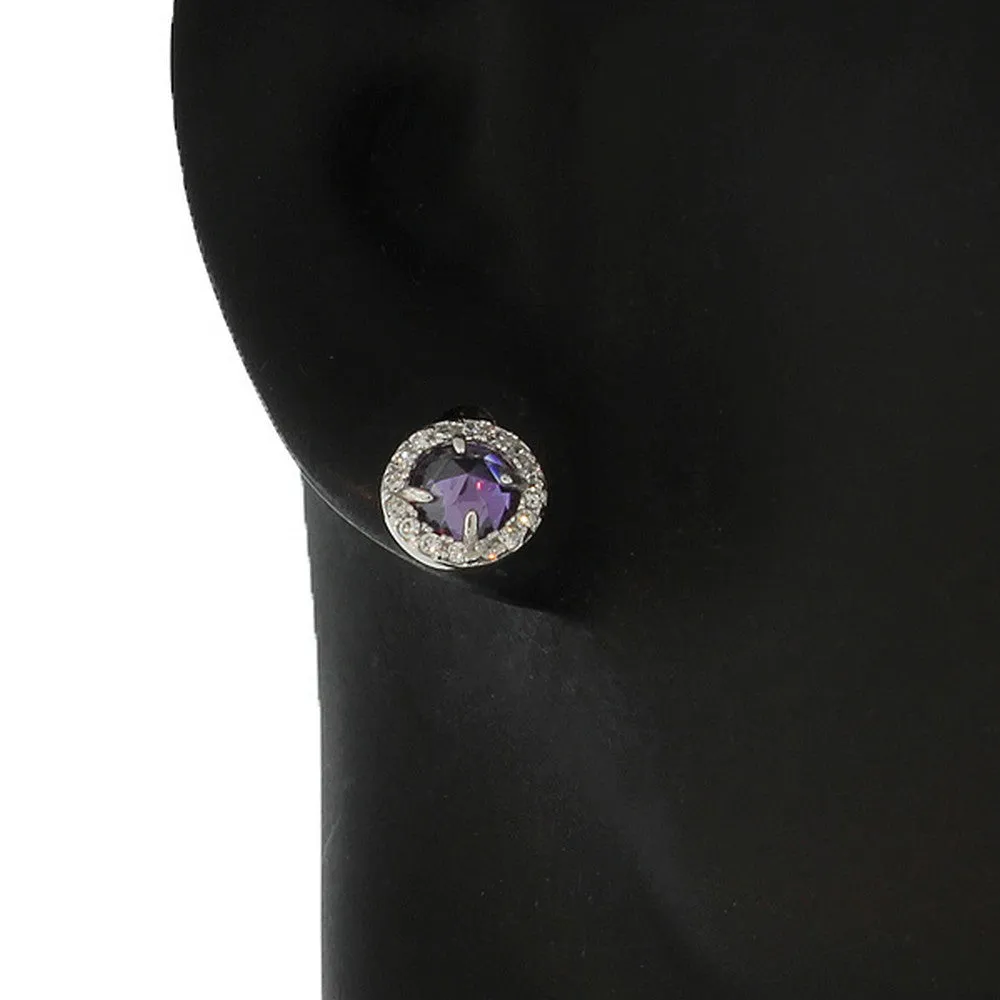925 Sterling Silver Purple Violet White Round CZ Stud Earrings