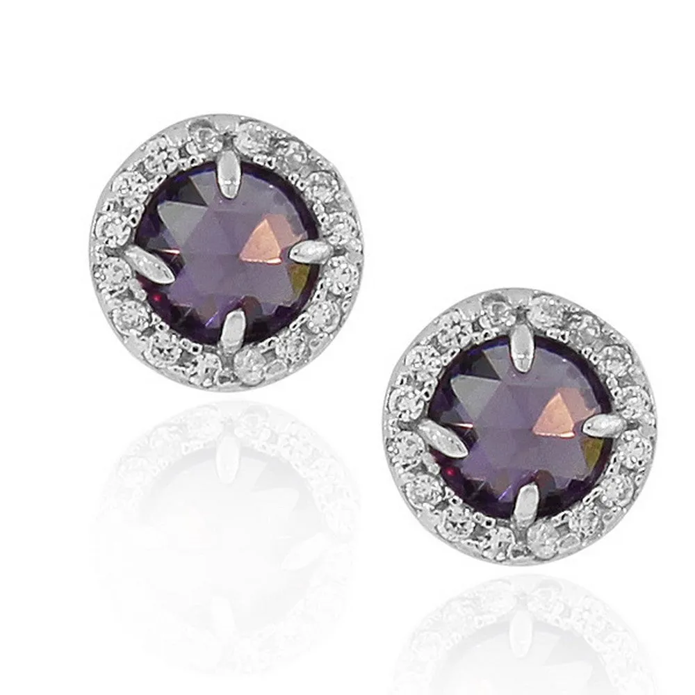 925 Sterling Silver Purple Violet White Round CZ Stud Earrings
