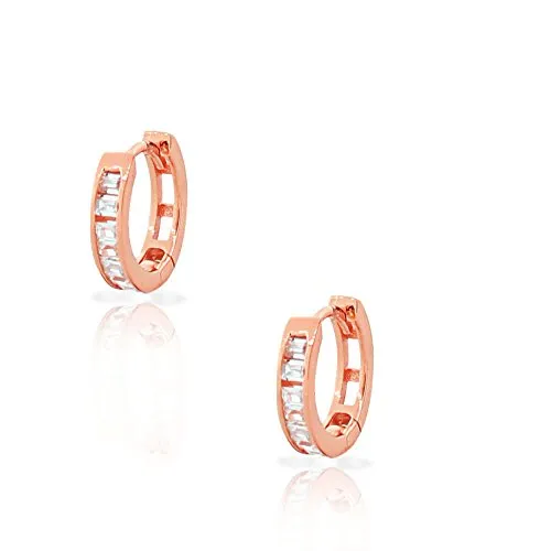925 Sterling Silver Rose Gold-Tone Baguette White CZ Small Hoop Huggie Womens Girls Earrings