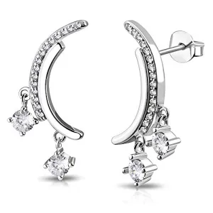 925 Sterling Silver Yellow Gold-Tone Moon Crescent Stars White Clear CZ Stud Drop Earrings, 0.65"