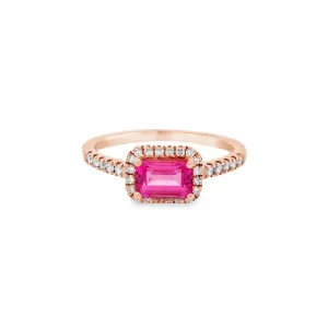 9ct Rose Gold 6x4mm Emerald Cut Pink Tourmaline and Diamond Ring R-00428