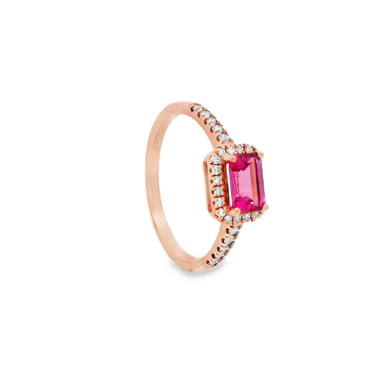 9ct Rose Gold 6x4mm Emerald Cut Pink Tourmaline and Diamond Ring R-00428