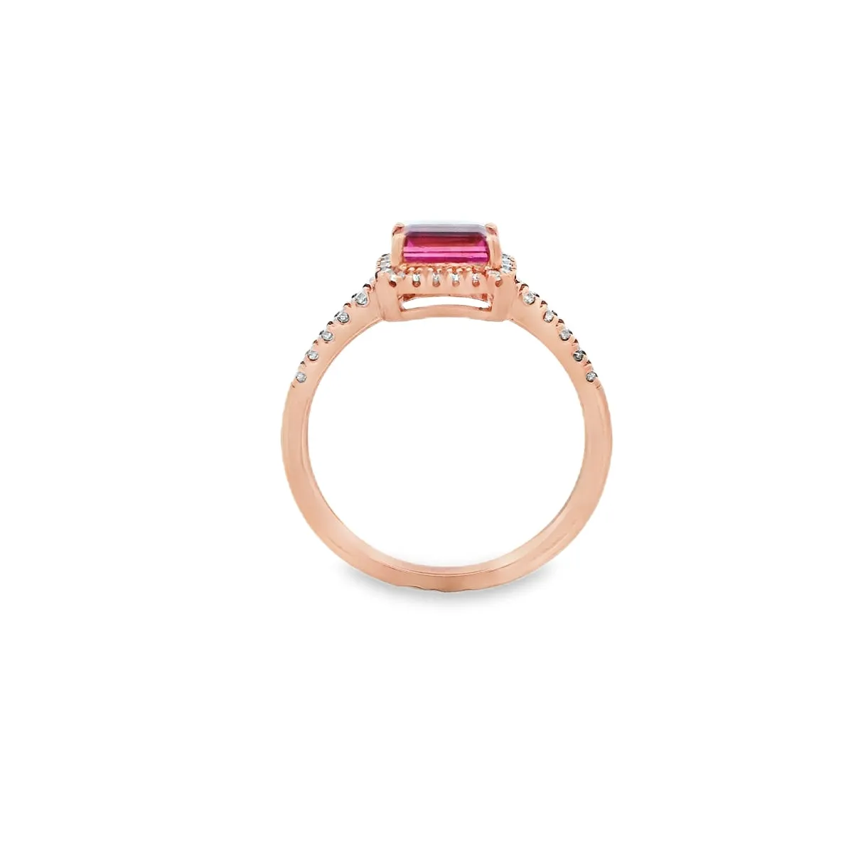 9ct Rose Gold 6x4mm Emerald Cut Pink Tourmaline and Diamond Ring R-00428