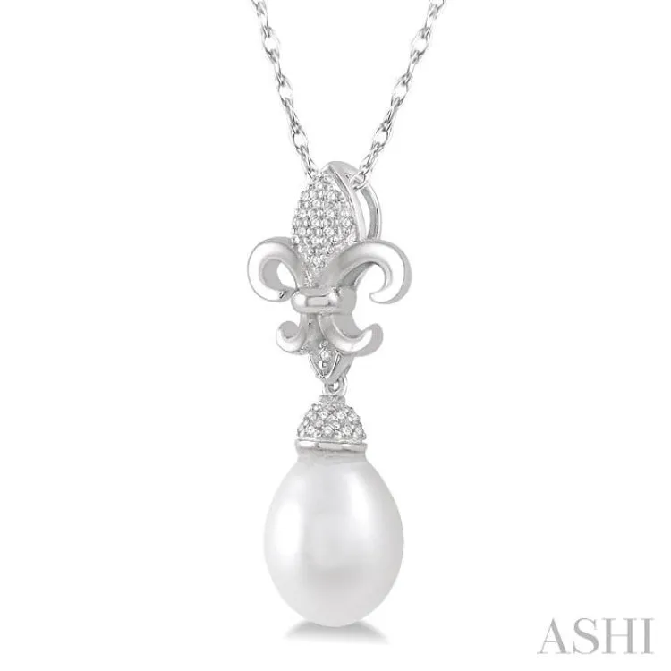 9x7 MM Drop Shape Cultured Pearl and 1/10 ctw Round Cut Diamond Fleur De Lis Pendant in 10K White Gold