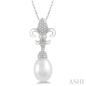 9x7 MM Drop Shape Cultured Pearl and 1/10 ctw Round Cut Diamond Fleur De Lis Pendant in 10K White Gold