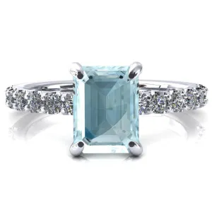 Alessi Emerald Aqua Blue Spinel 4 Claw Prong 3/4 Micro Pave Engagement Ring