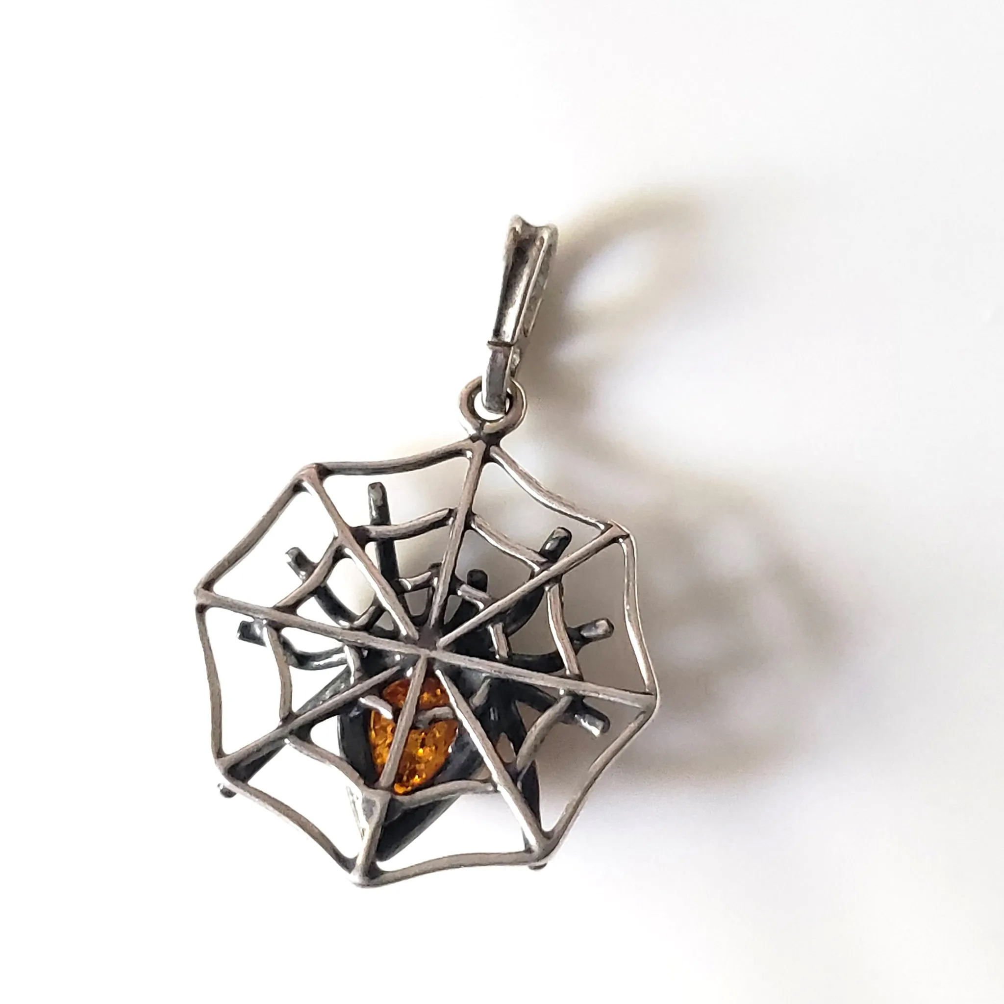 Amber Spider on Web Sterling Silver Pendant for Him and for Her