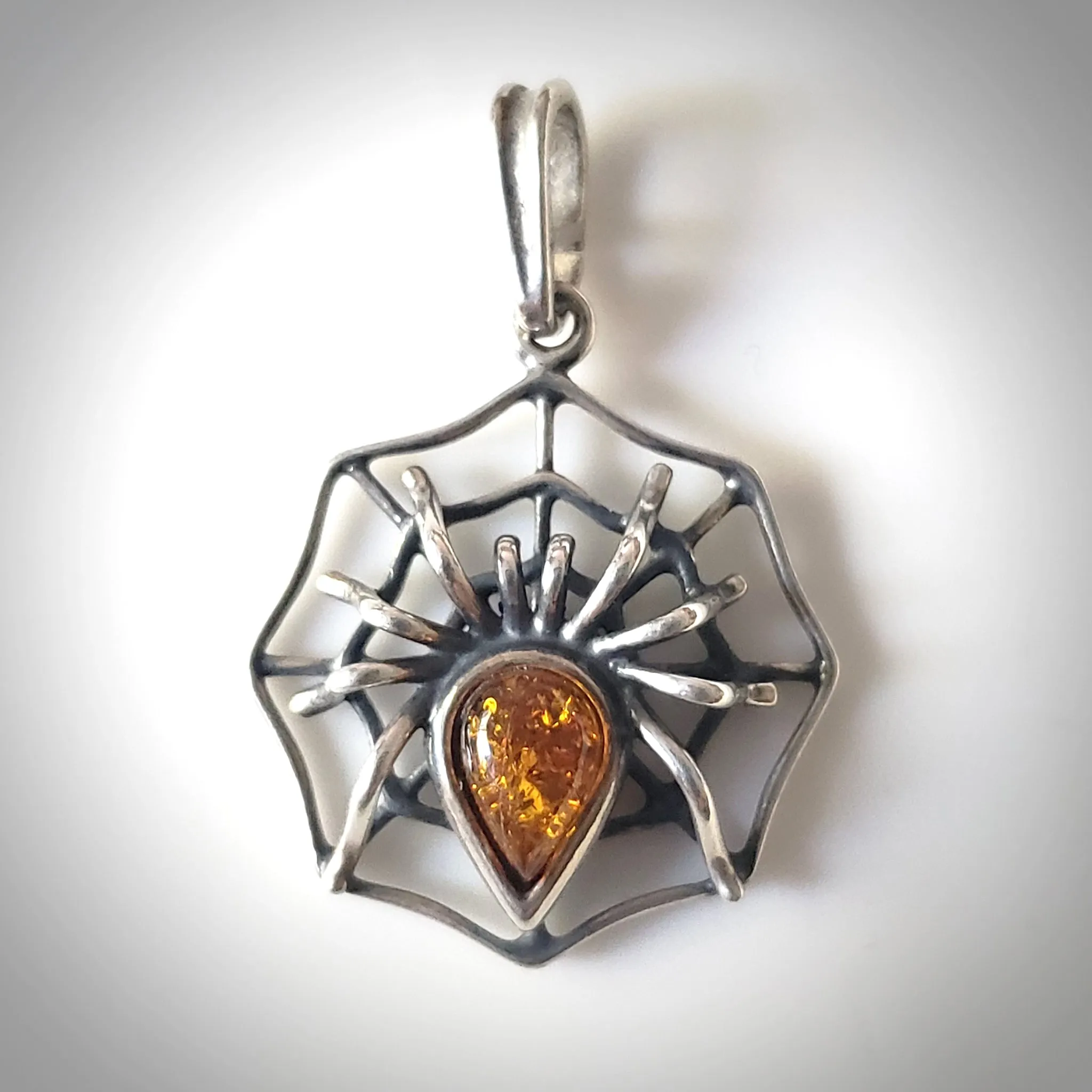 Amber Spider on Web Sterling Silver Pendant for Him and for Her