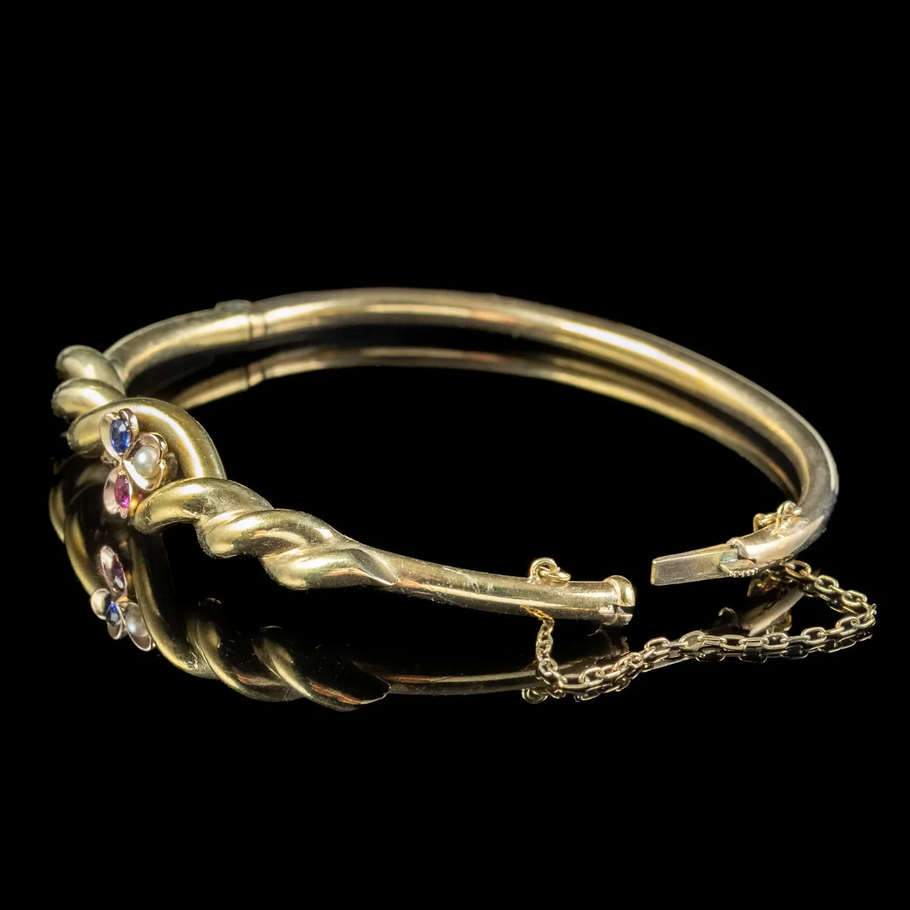 Antique Edwardian Sapphire Pearl Ruby Shamrock Bangle 14ct Gold
