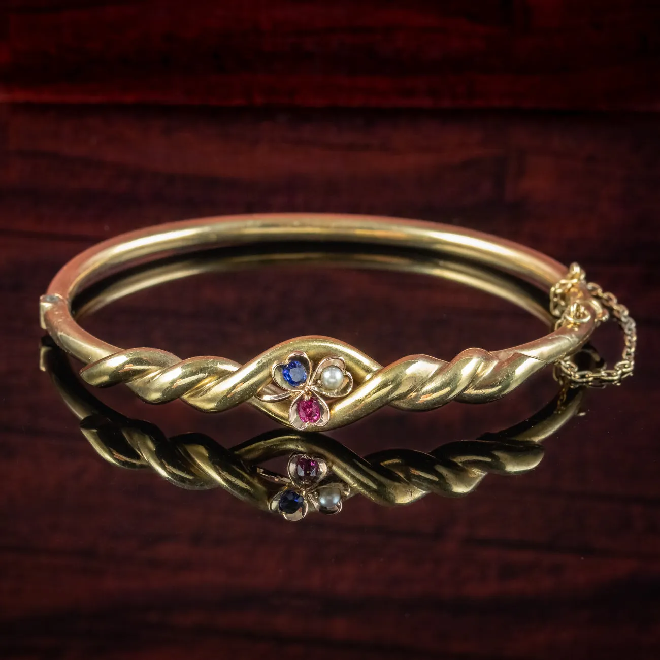 Antique Edwardian Sapphire Pearl Ruby Shamrock Bangle 14ct Gold