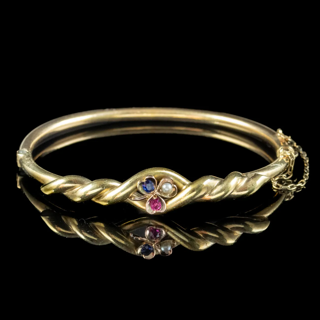 Antique Edwardian Sapphire Pearl Ruby Shamrock Bangle 14ct Gold