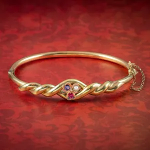 Antique Edwardian Sapphire Pearl Ruby Shamrock Bangle 14ct Gold