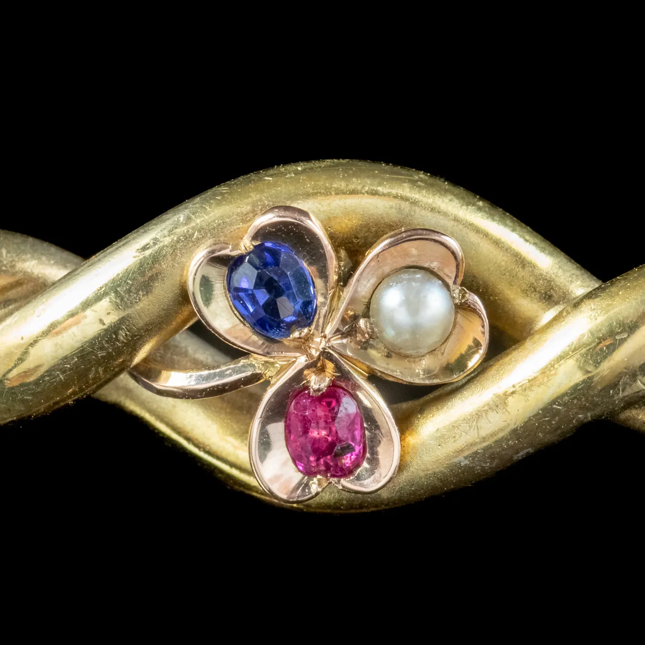 Antique Edwardian Sapphire Pearl Ruby Shamrock Bangle 14ct Gold