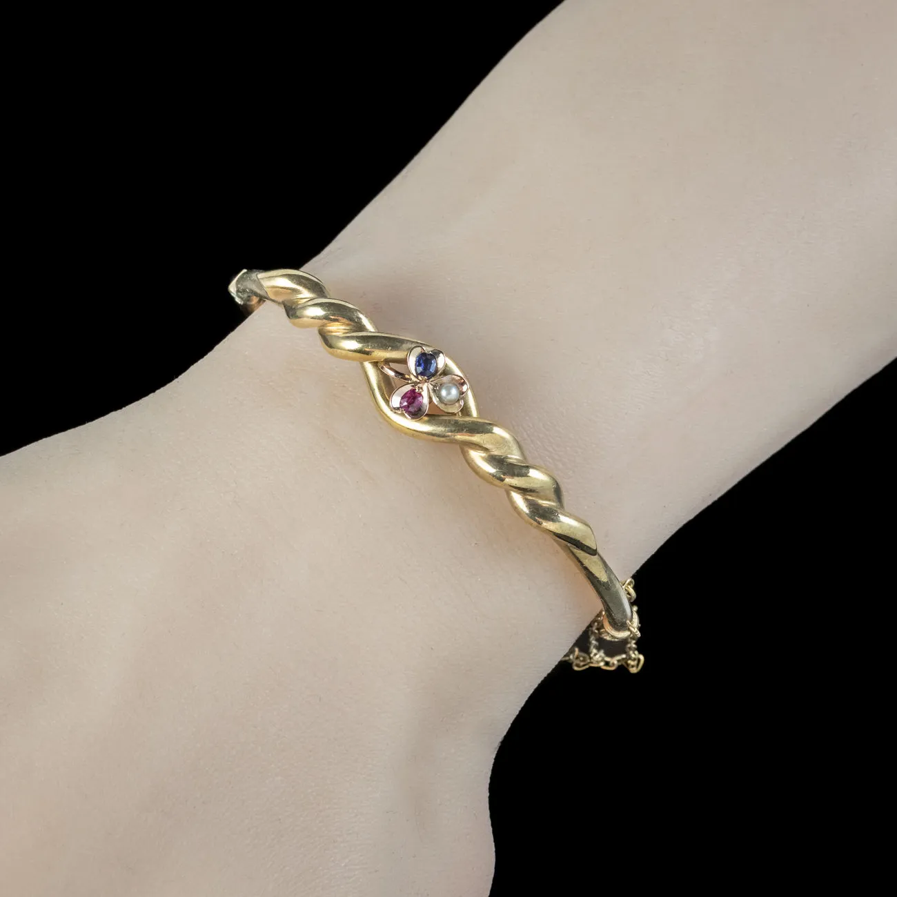 Antique Edwardian Sapphire Pearl Ruby Shamrock Bangle 14ct Gold