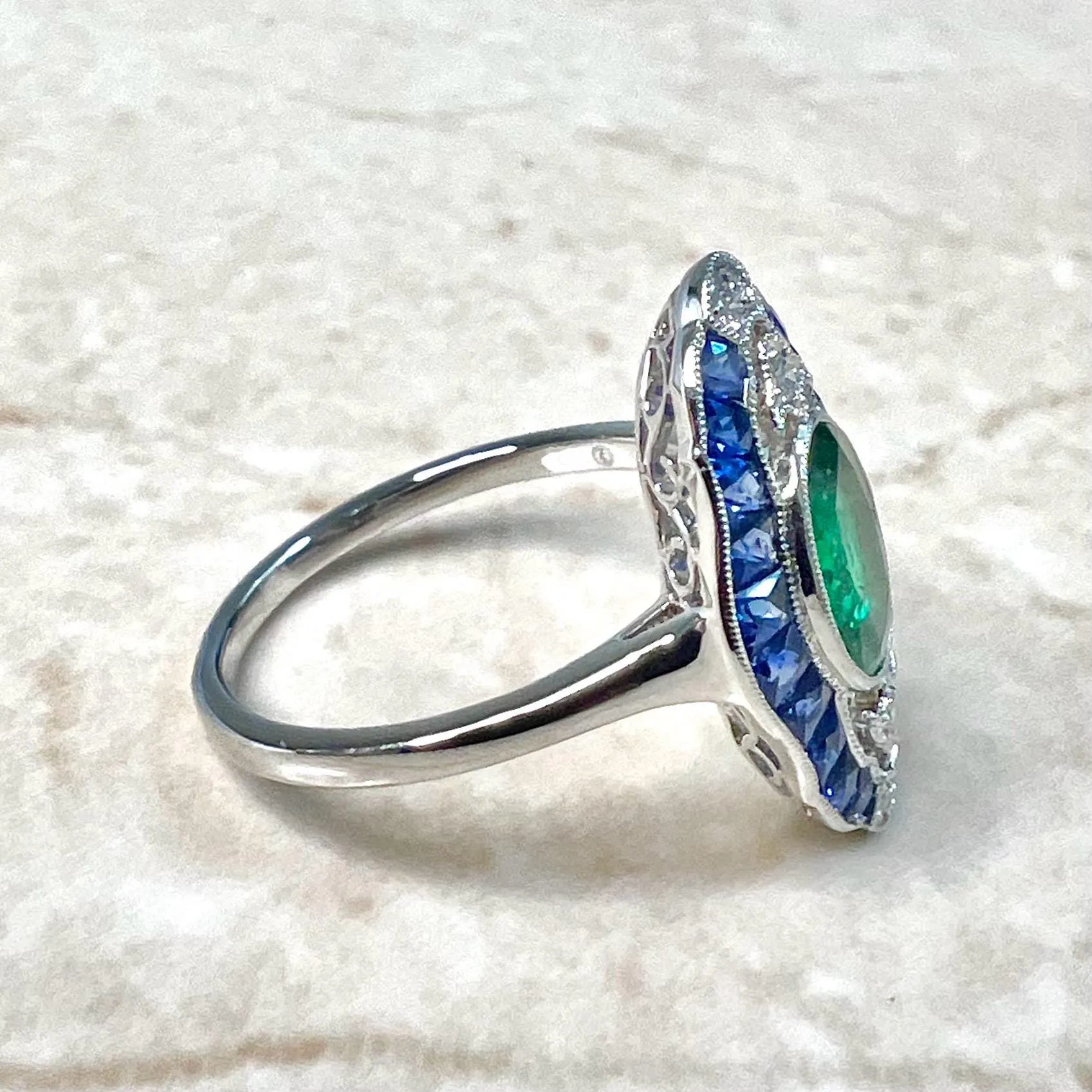 Antique Egyptian Style Handcrafted Platinum Diamond, Sapphire & Emerald Ring