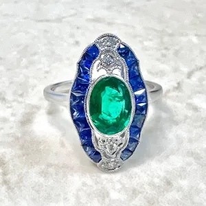 Antique Egyptian Style Handcrafted Platinum Diamond, Sapphire & Emerald Ring