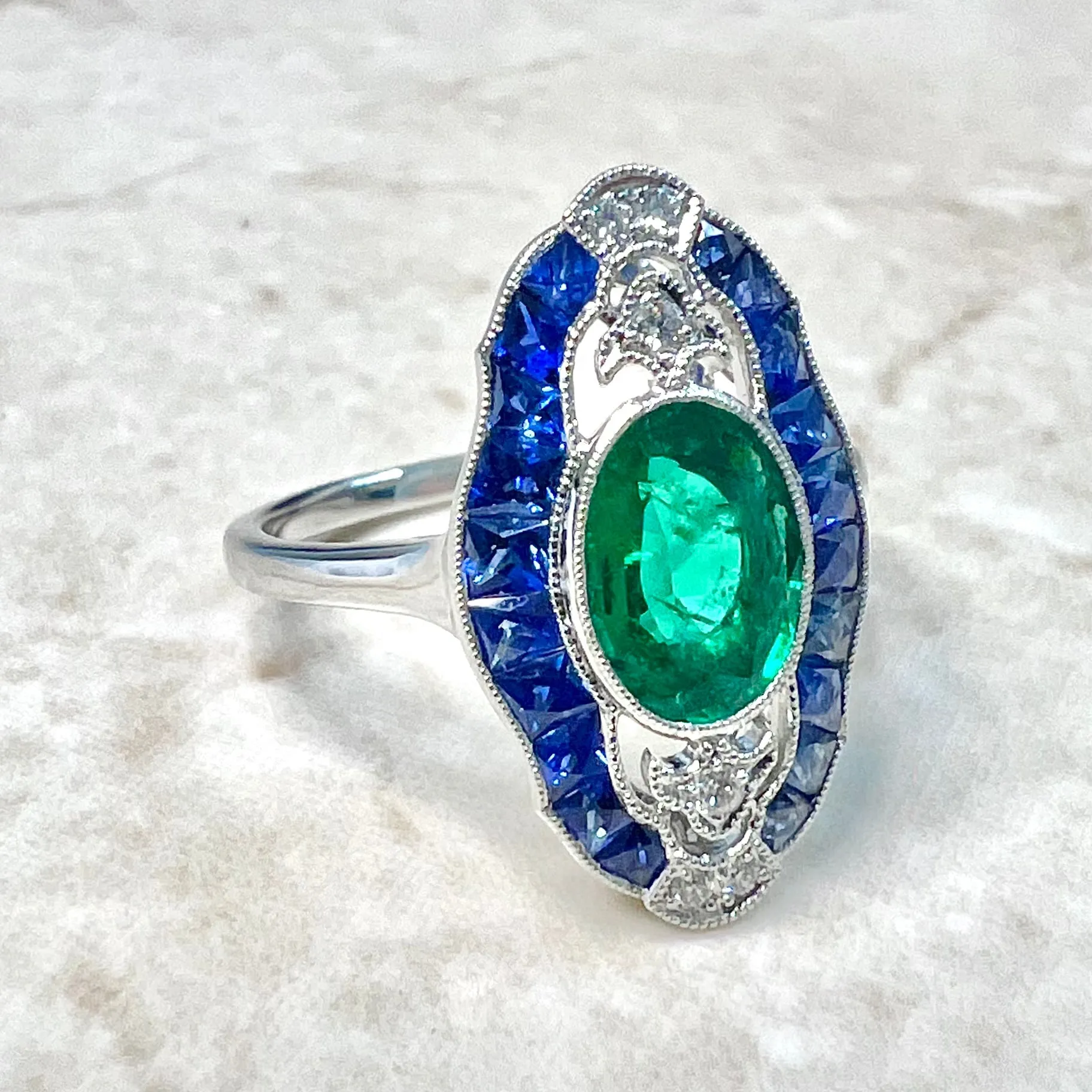 Antique Egyptian Style Handcrafted Platinum Diamond, Sapphire & Emerald Ring