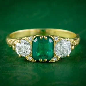 Antique Victorian Emerald Diamond Trilogy Ring 0.95ct Emerald
