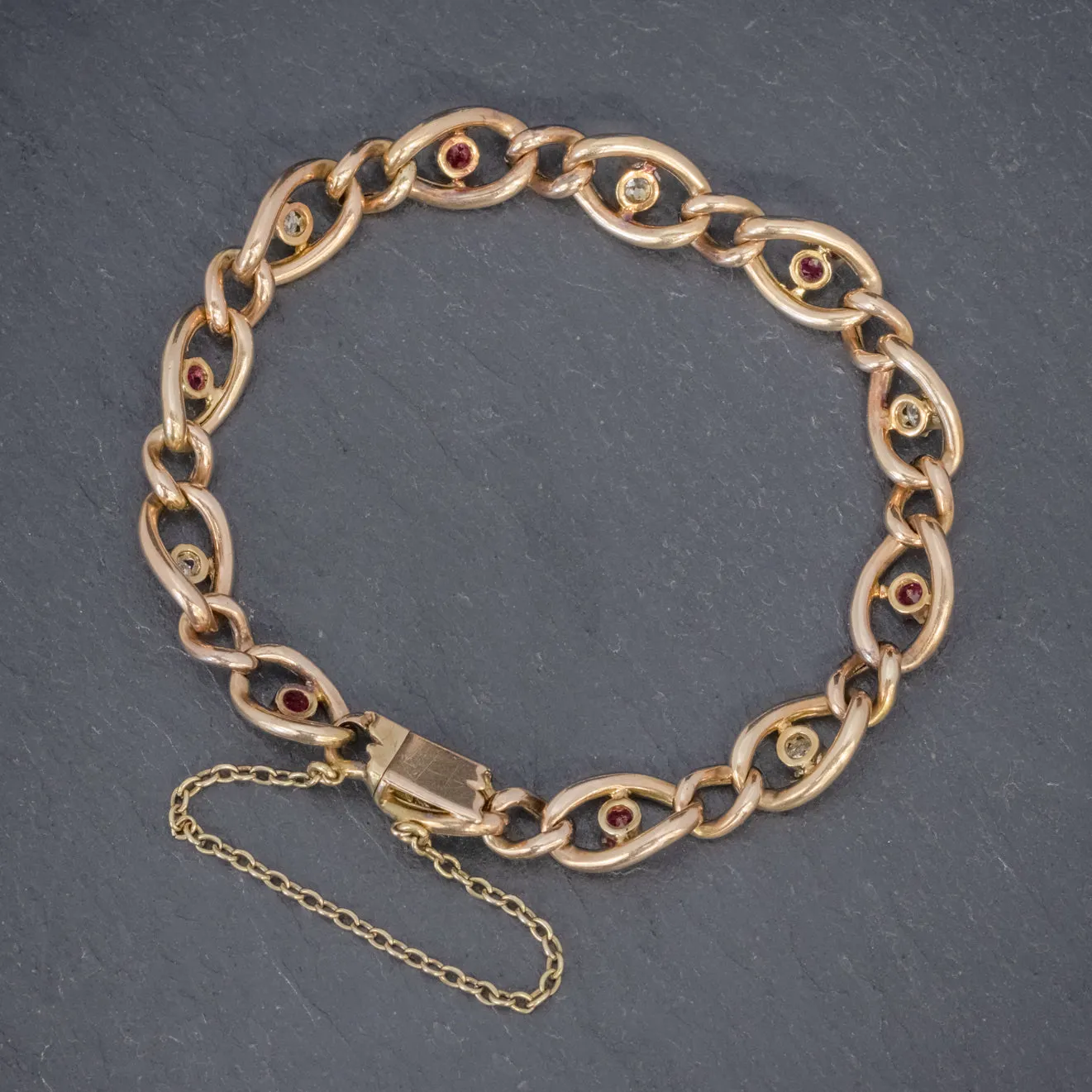 Antique Victorian Ruby Diamond Curb Bracelet 18Ct Gold Circa 1880
