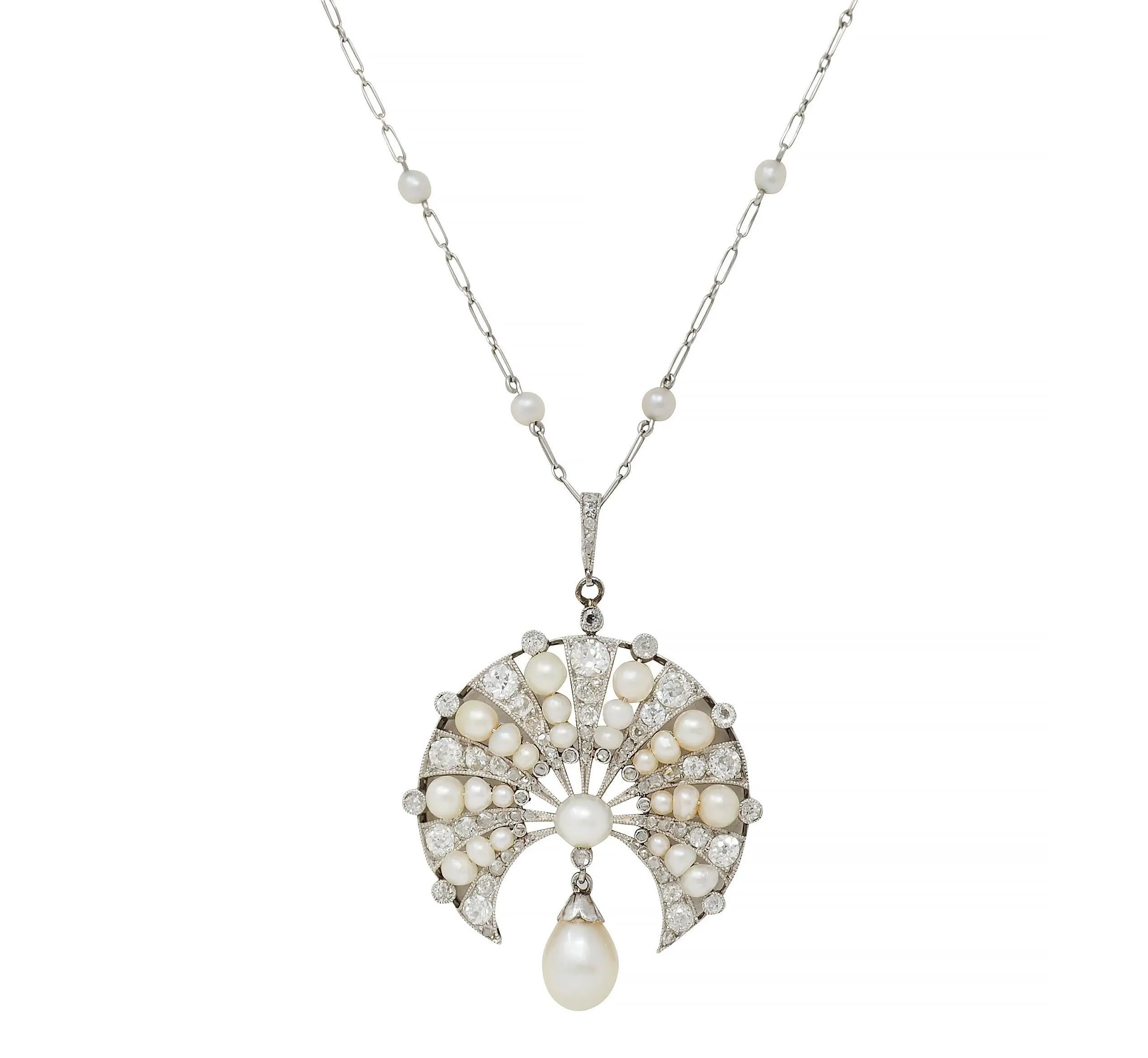 Art Deco French Diamond Natural Saltwater Pearl Platinum 18 Karat Gold Antique Fanning Pendant Necklace
