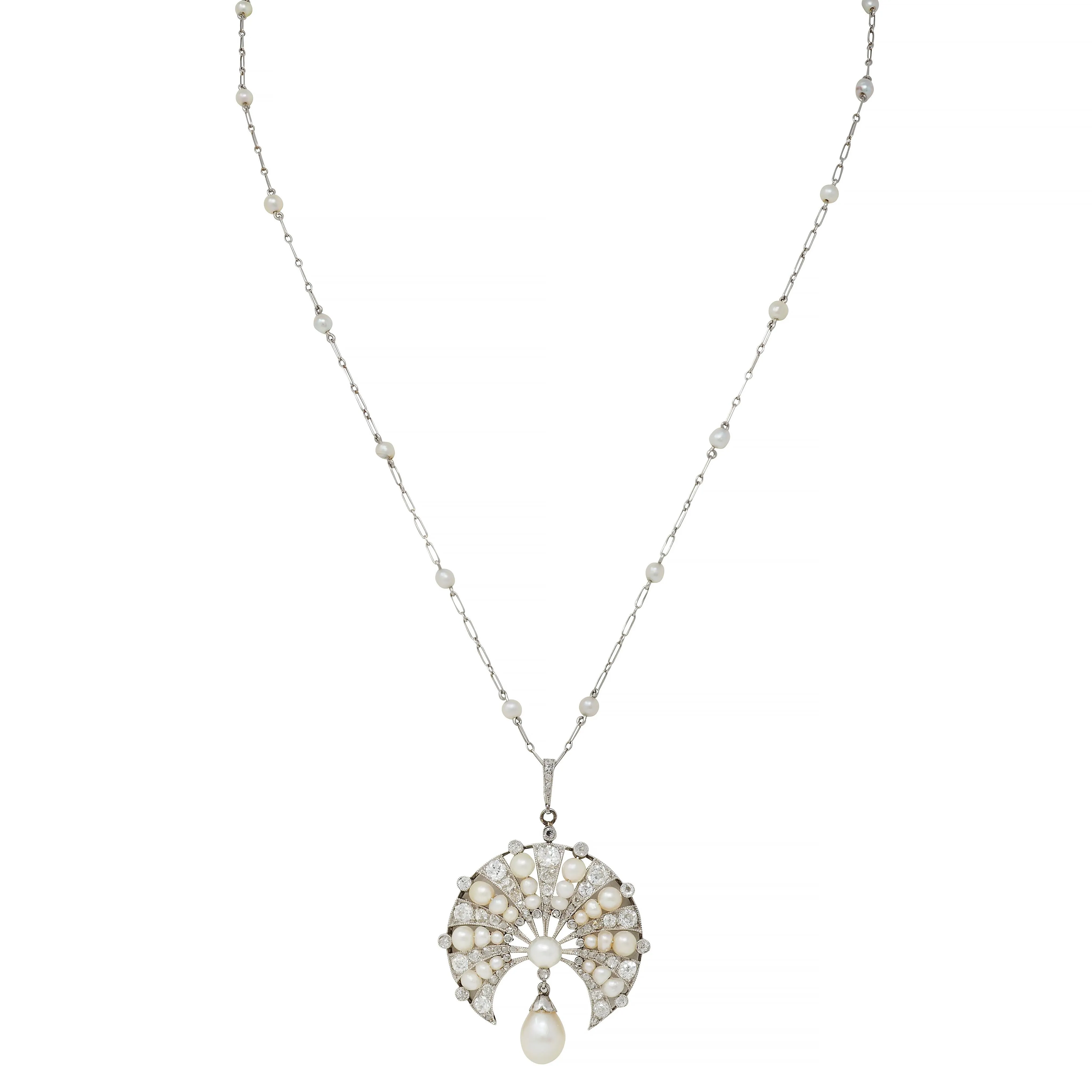Art Deco French Diamond Natural Saltwater Pearl Platinum 18 Karat Gold Antique Fanning Pendant Necklace