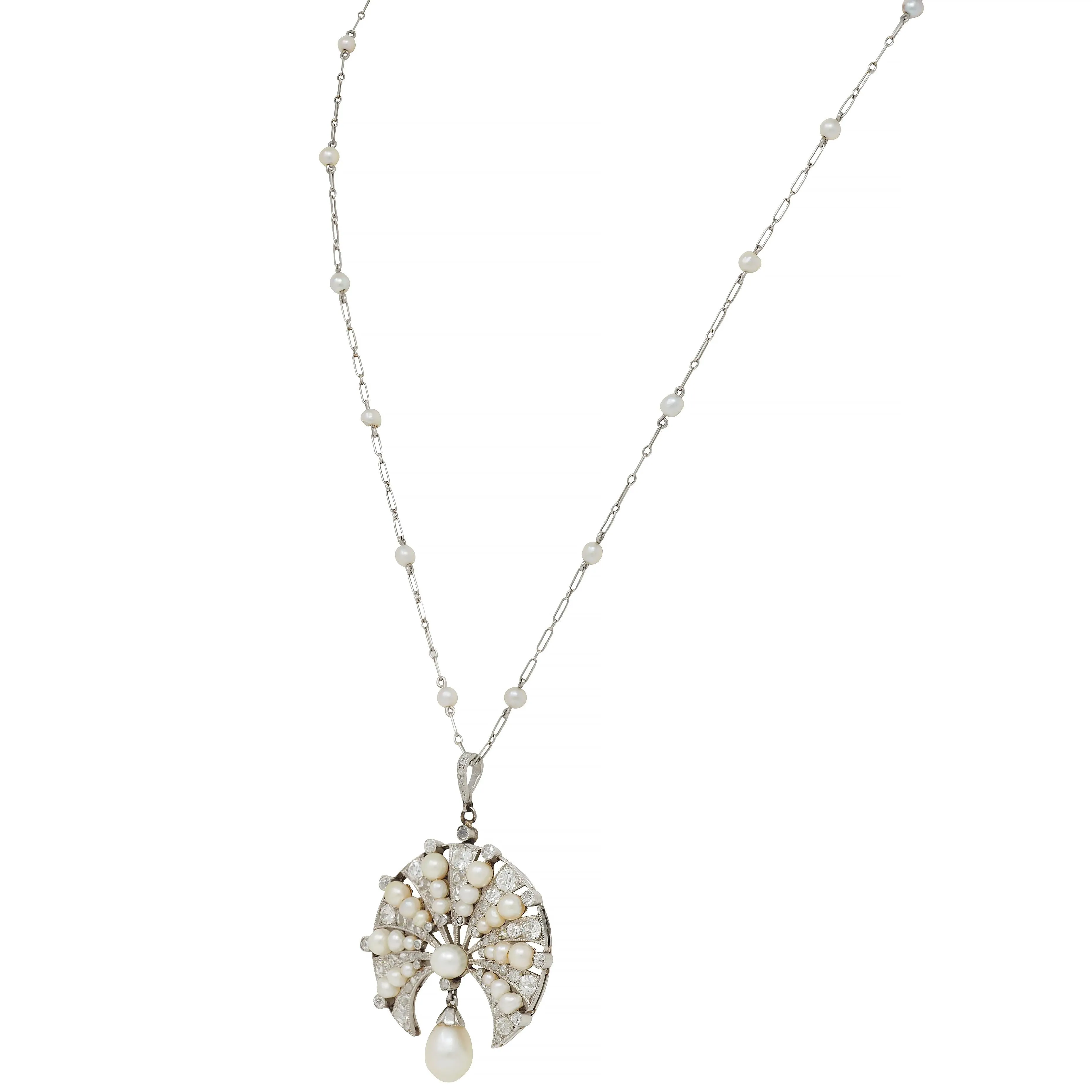 Art Deco French Diamond Natural Saltwater Pearl Platinum 18 Karat Gold Antique Fanning Pendant Necklace