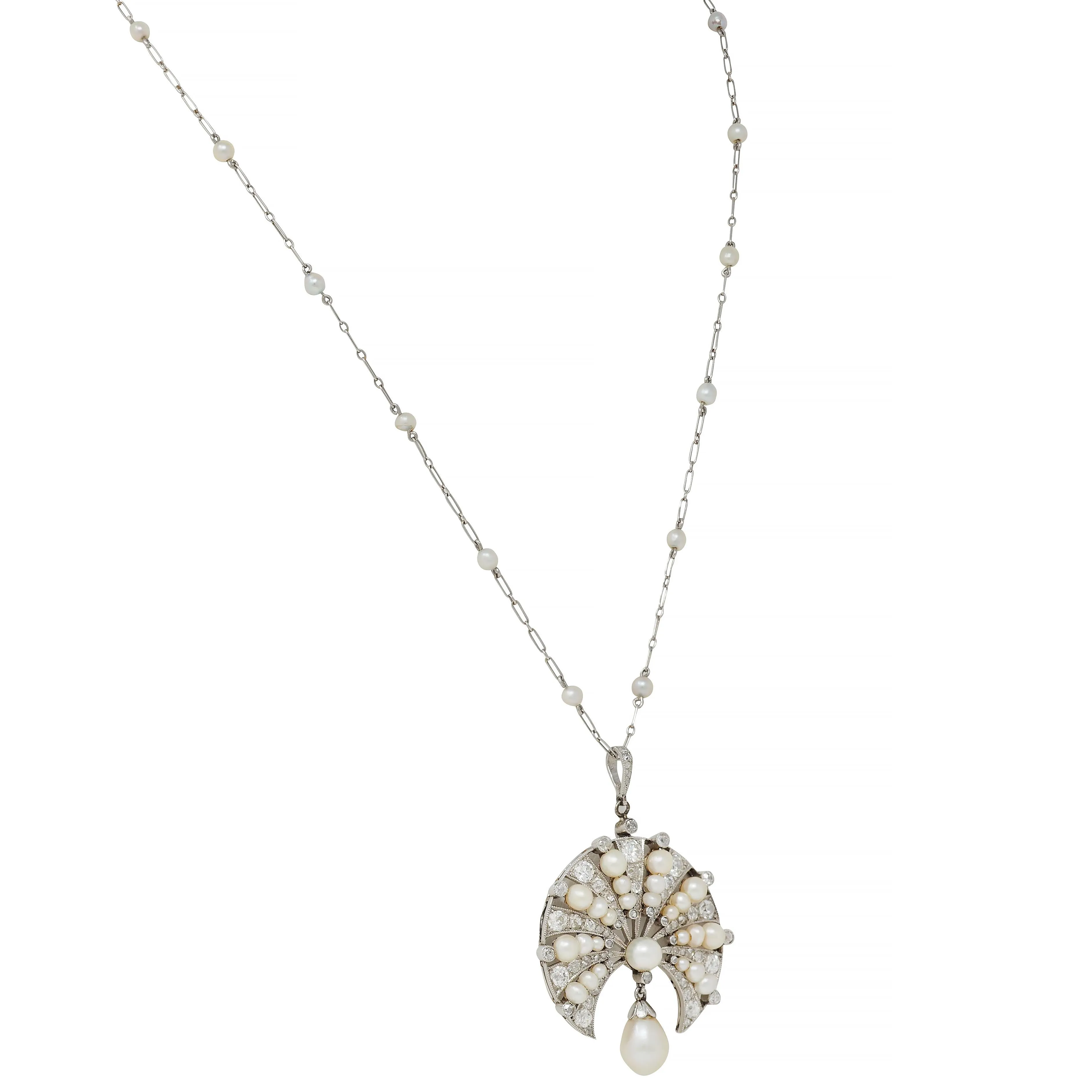 Art Deco French Diamond Natural Saltwater Pearl Platinum 18 Karat Gold Antique Fanning Pendant Necklace