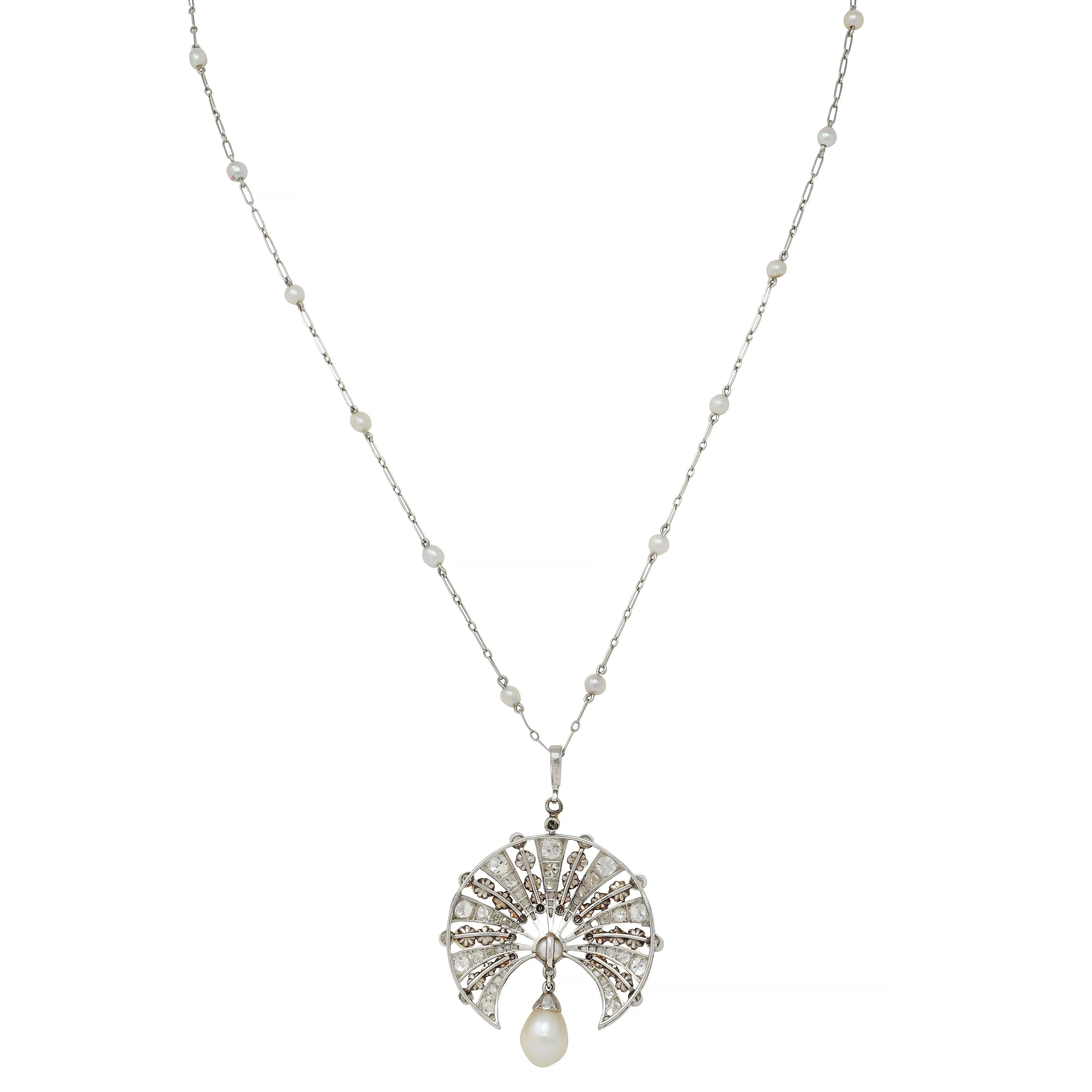 Art Deco French Diamond Natural Saltwater Pearl Platinum 18 Karat Gold Antique Fanning Pendant Necklace