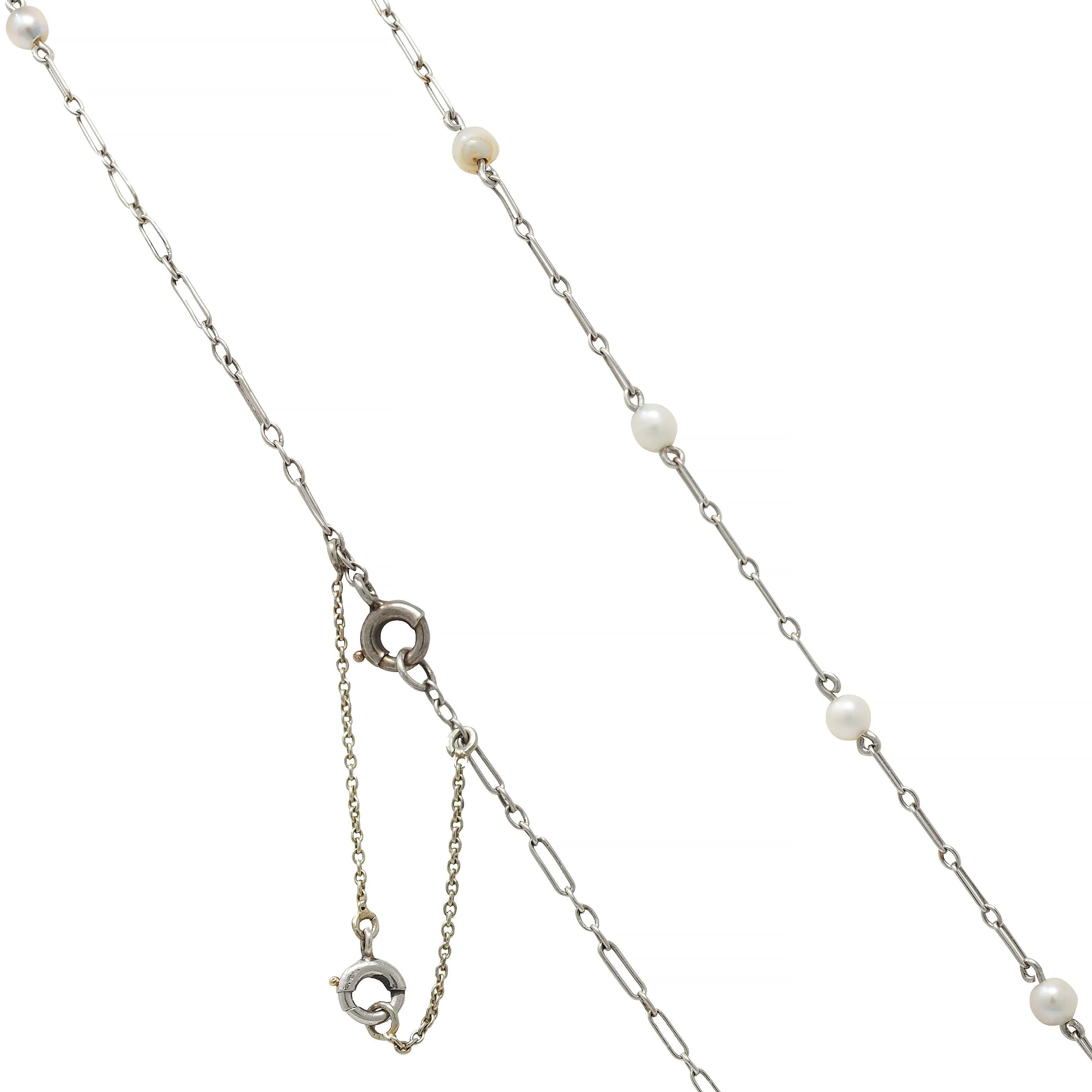 Art Deco French Diamond Natural Saltwater Pearl Platinum 18 Karat Gold Antique Fanning Pendant Necklace