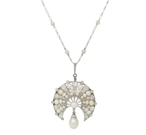 Art Deco French Diamond Natural Saltwater Pearl Platinum 18 Karat Gold Antique Fanning Pendant Necklace