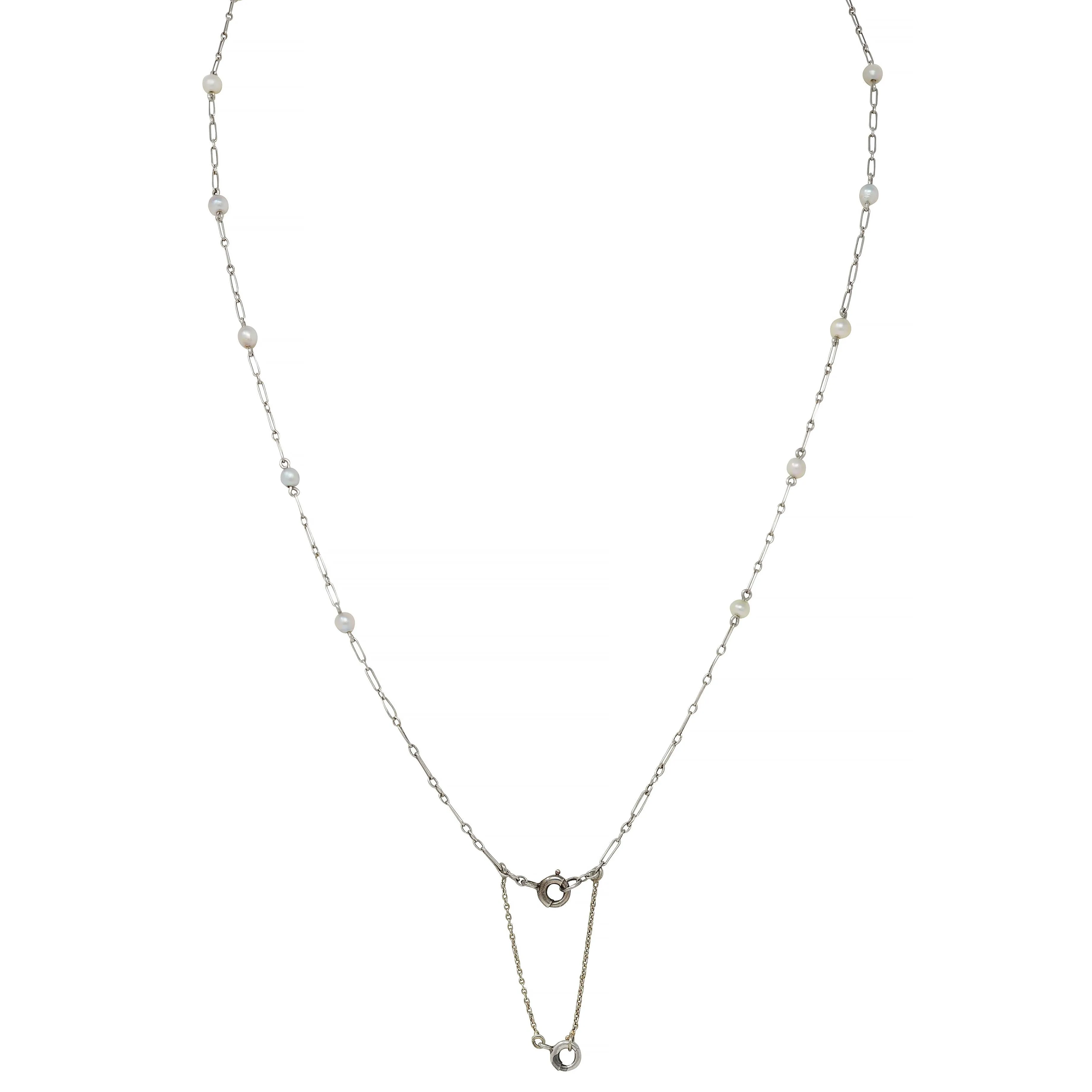 Art Deco French Diamond Natural Saltwater Pearl Platinum 18 Karat Gold Antique Fanning Pendant Necklace