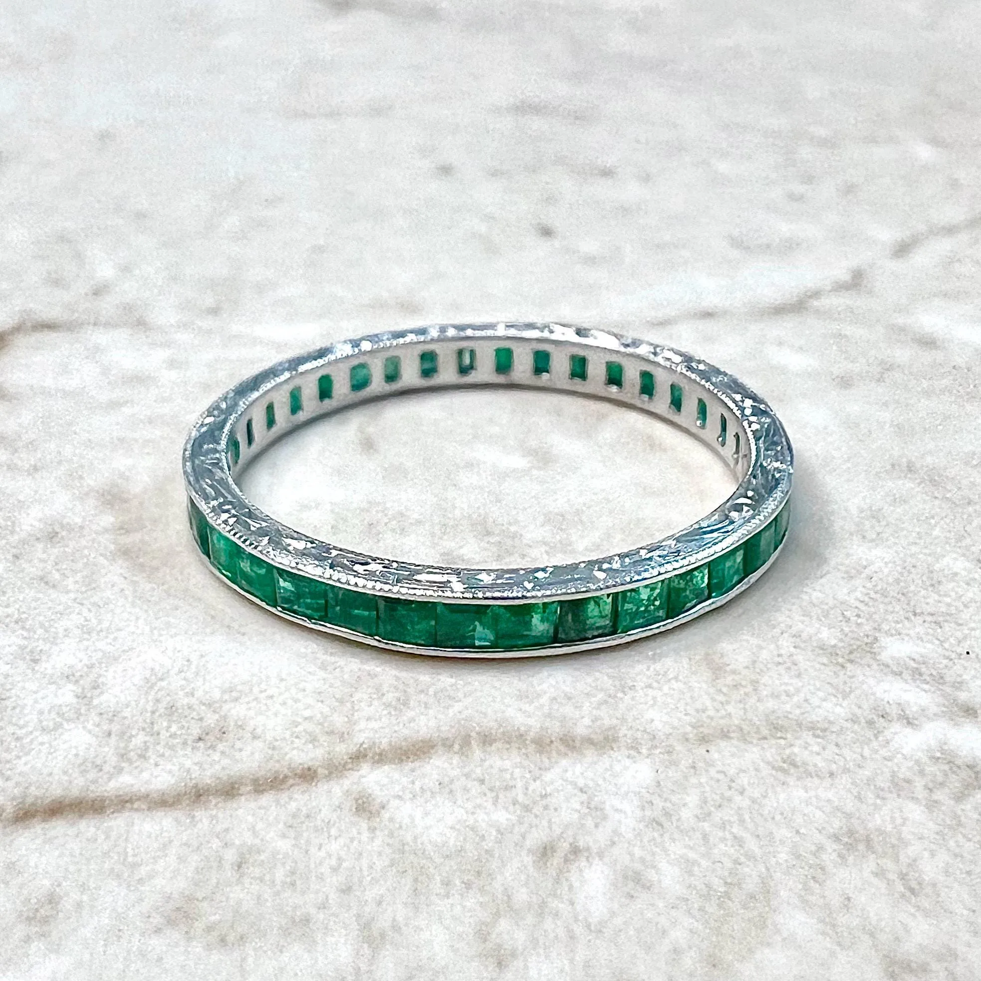 Art Deco Style Handcrafted Platinum Natural Emerald Eternity Band Ring