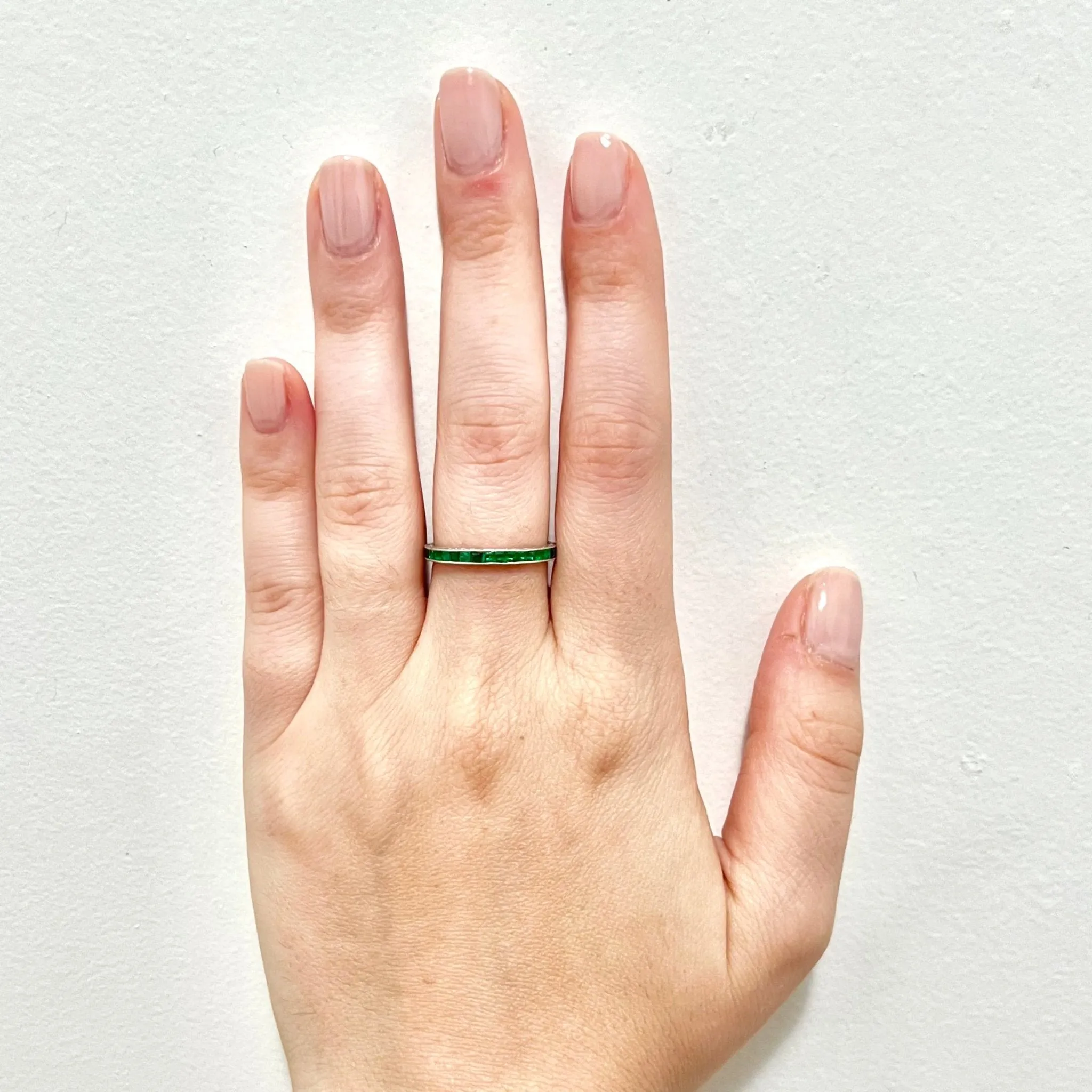 Art Deco Style Handcrafted Platinum Natural Emerald Eternity Band Ring