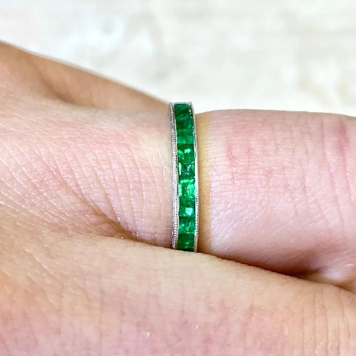 Art Deco Style Handcrafted Platinum Natural Emerald Eternity Band Ring