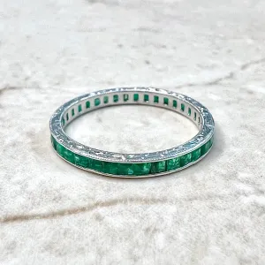 Art Deco Style Handcrafted Platinum Natural Emerald Eternity Band Ring