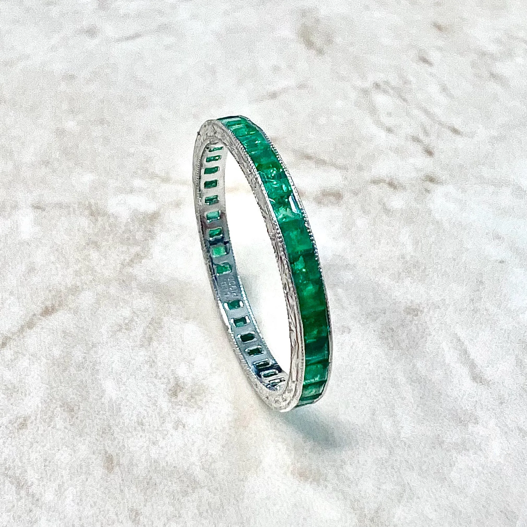 Art Deco Style Handcrafted Platinum Natural Emerald Eternity Band Ring